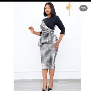 Black and white herringbone midi career dress